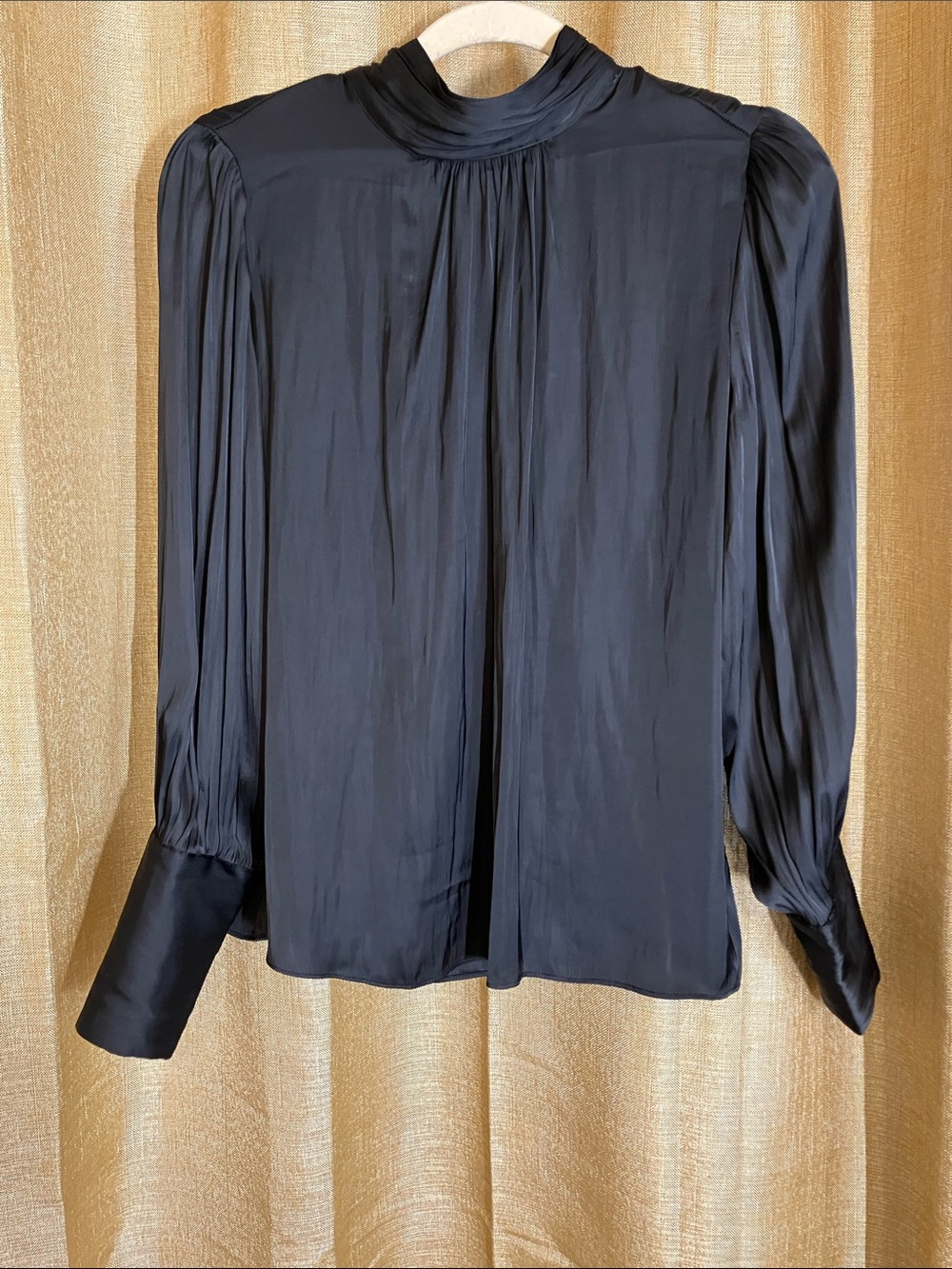 High-Neck Black Satin Blouse with Pleated Sleeves
